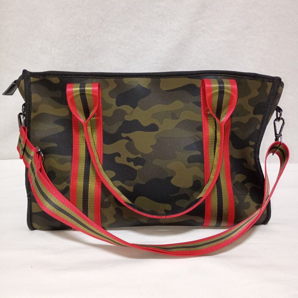 Haute Shore Neoprene Weekender Bag Camo with Red Straps Excellent Condition